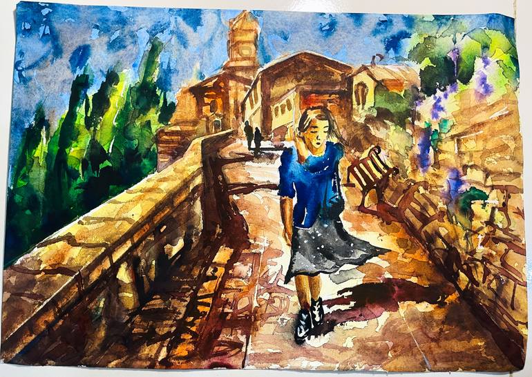 Original Architecture Painting by Sushanta Das | Contemporary Art on Paper | Stroll Down the Medival Alley