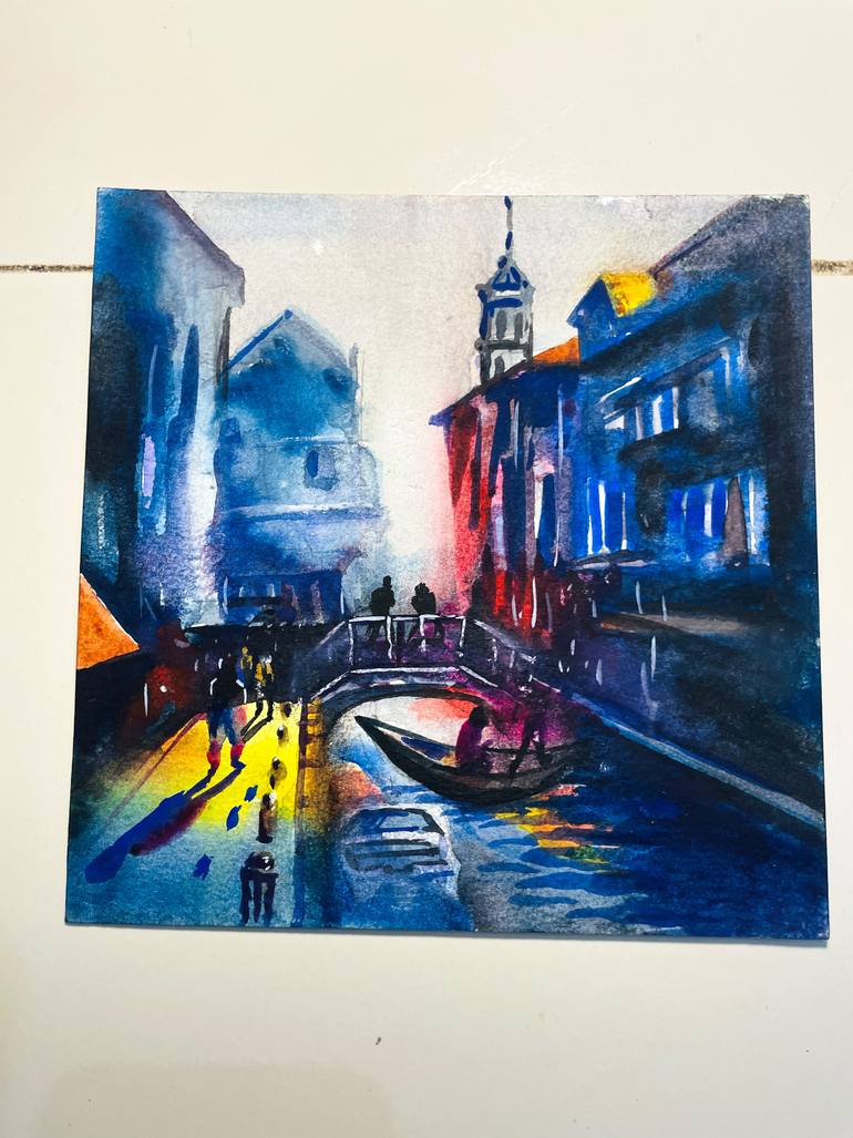 Original Architecture Painting by Sushanta Das | Abstract Expressionism Art on Paper | Venice Twilight
