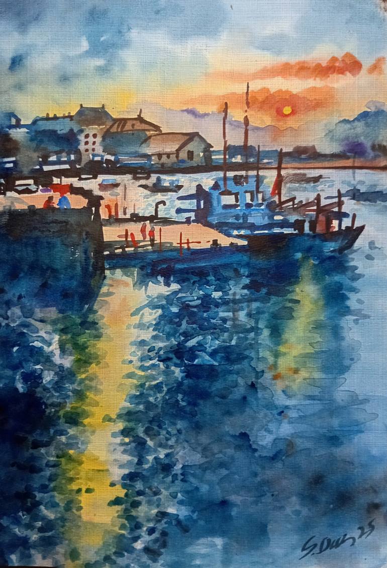 Original Seascape Painting by Sushanta Das | Contemporary Art on Paper | Where the Sunset Meets the harbour