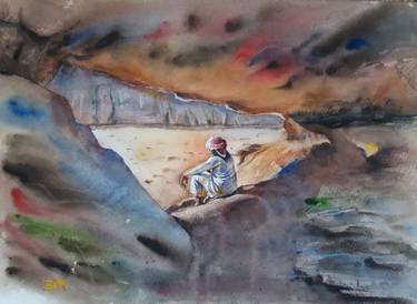 WadiRum, DesertArt, Watercolor, JordanArt, TravelArt thumb