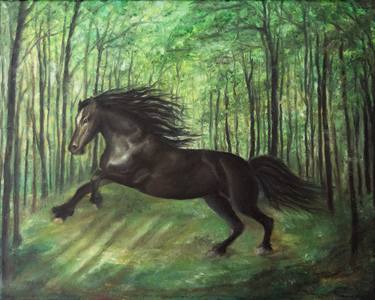 Black horse running in the forest thumb