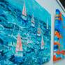 Painted papers adhered to a traditional style painted canvas. The painting illustrates the race and excitement of a regatta.