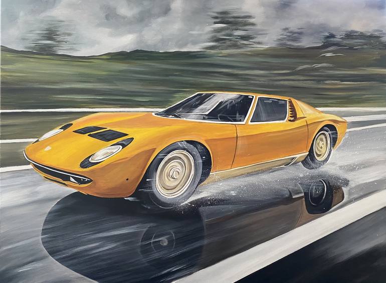 Lamborghini Miura Painting, 1 of 1 original. Supercar wall art, sold A4 size, buy direct from artist. OOAK one of a kind.