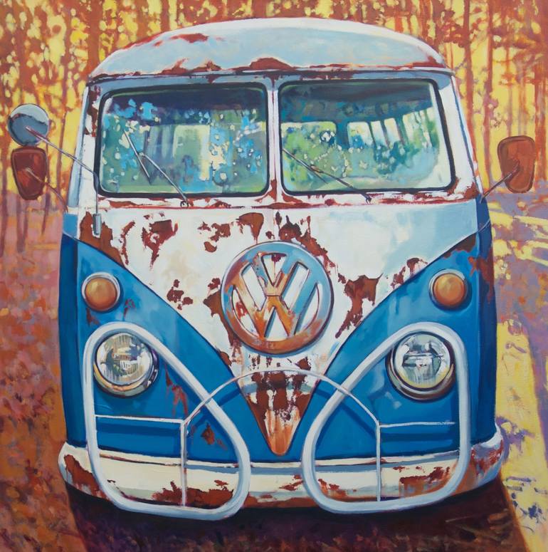 Blue and White VW Bus Painting by Scott Hewett | Saatchi Art