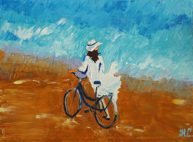 Girl on bicycle watercolor girl painting girl selling original watercolor landscape with girl