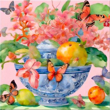 Fruits and orchids in chinoiserie bowl thumb