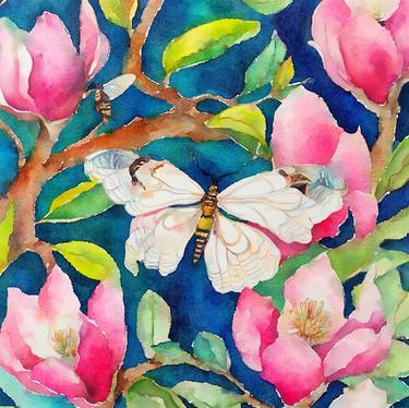 Study of pink magnolia and a butterfly thumb