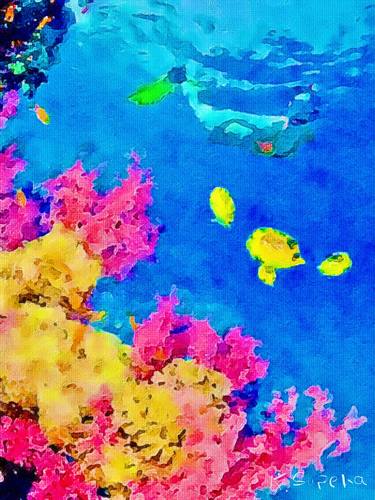 Yellow and blue tangs in coral reefs thumb