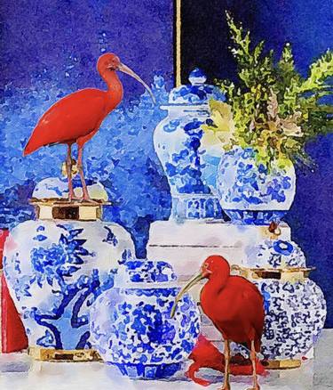 Red ibises and ginger jars thumb