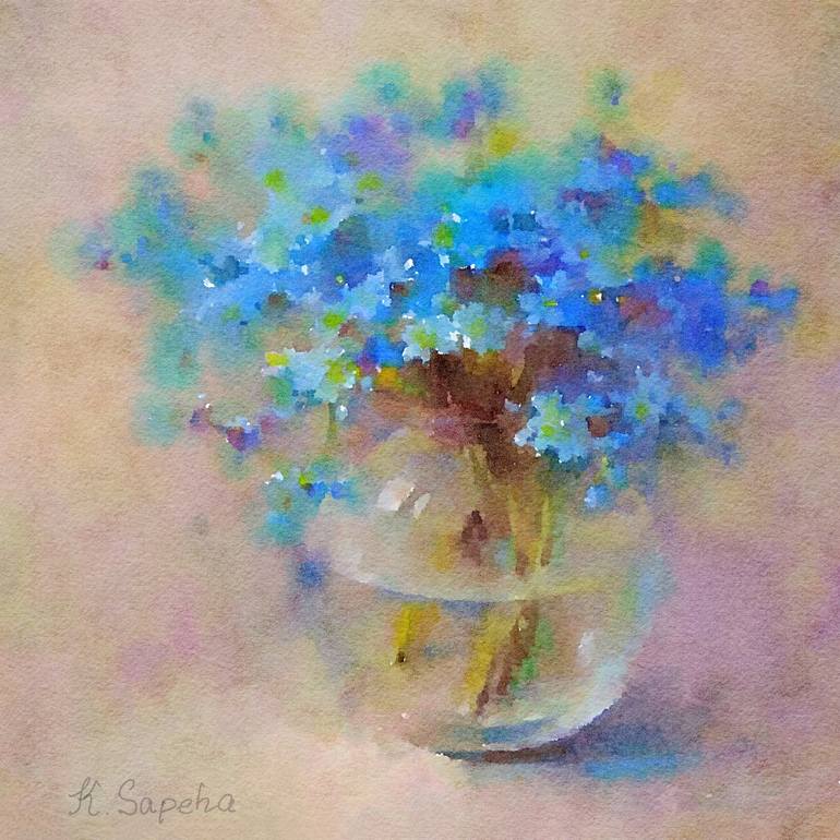Blue flowers in a fish bowl Painting by Kath Sapeha | Saatchi Art