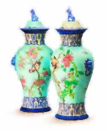 Green chinoiserie jars with Foo dogs lids thumb