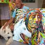 Old Native chief and his white dog colorful painting on the wall, makes your living room worth living