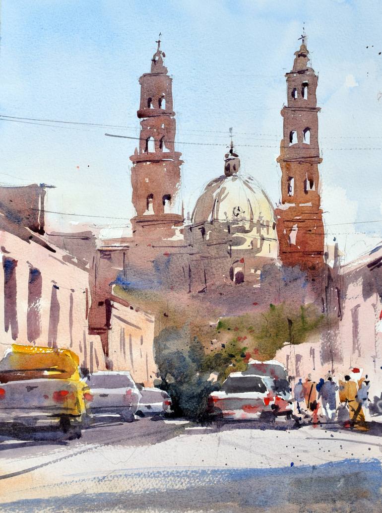 Original Architecture Painting by Igor Kogan | Realism Art on Paper | Mexico city