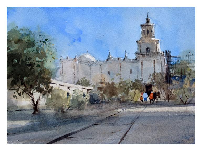 Original Architecture Painting by Igor Kogan | Impressionism Art on Paper | San Xavier Mission