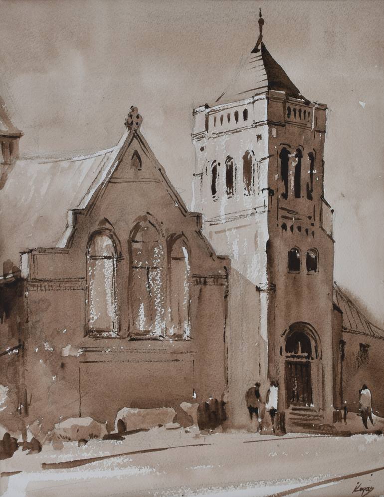 Original Architecture Painting by Igor Kogan | Realism Art on Paper | Sanctuary in Sepia
