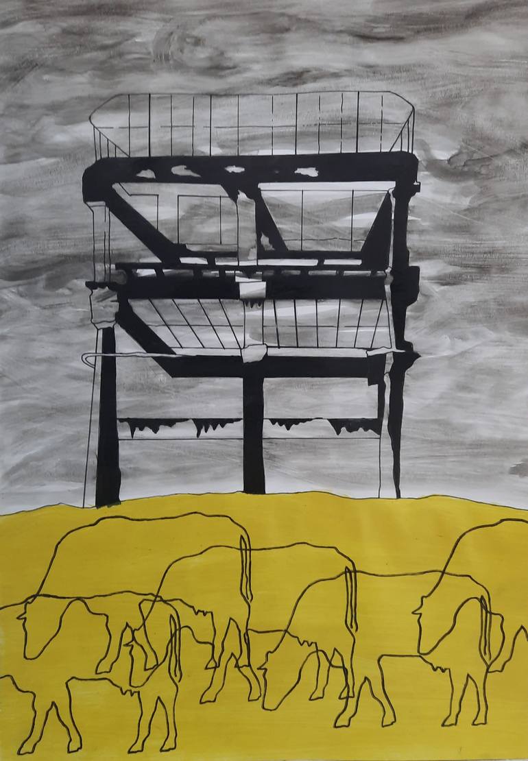 Original Architecture Painting by Mikheil Gogava | Conceptual Art on Paper | Series "Synchronous Movement"