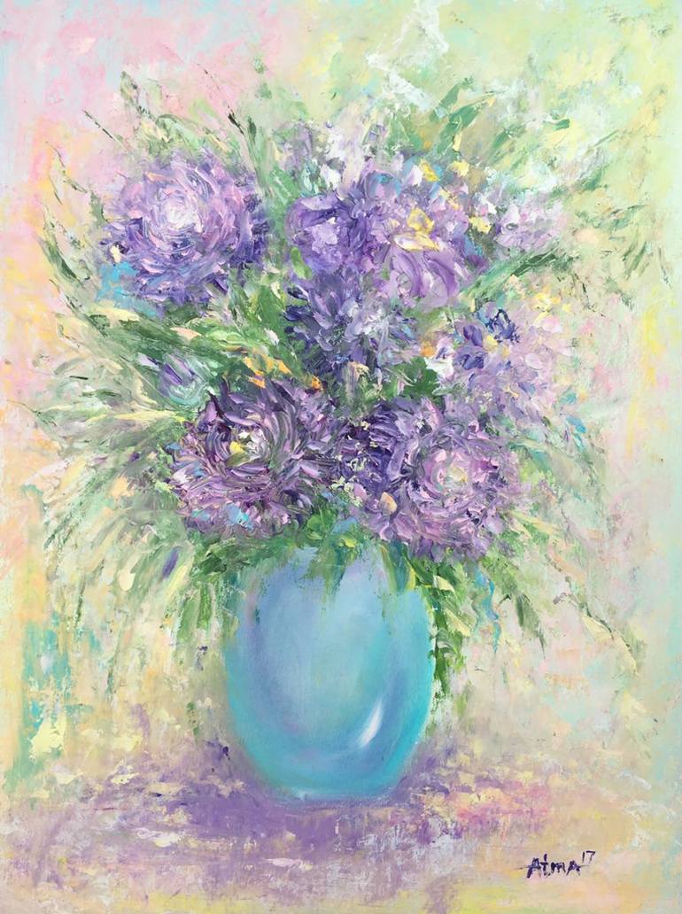 Purple bouquet of Astra in vase summer Painting by Olesya Atma-art ...