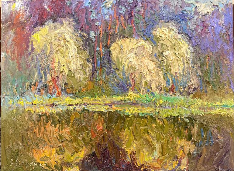 Original Landscape Painting by Rostyslav Voronko | Expressionism Art on Canvas | Whispering Willows: Reflections in the Forest Lake