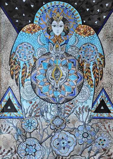 Angel Goddess Wolf Guardian Spiritual watercolor painting Universe Pagan illustration Asatru Ink drawing Dreamcatcher Wings Floral Art print thumb