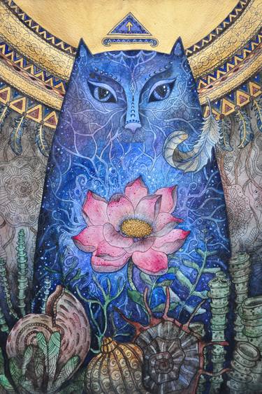 Water cat Guardian Pagan rune Sea goddess Tiwaz Lotus flower Spiritual watercolor painting Asatru Mermaid Shamanic Infinity Sea shell Art print thumb