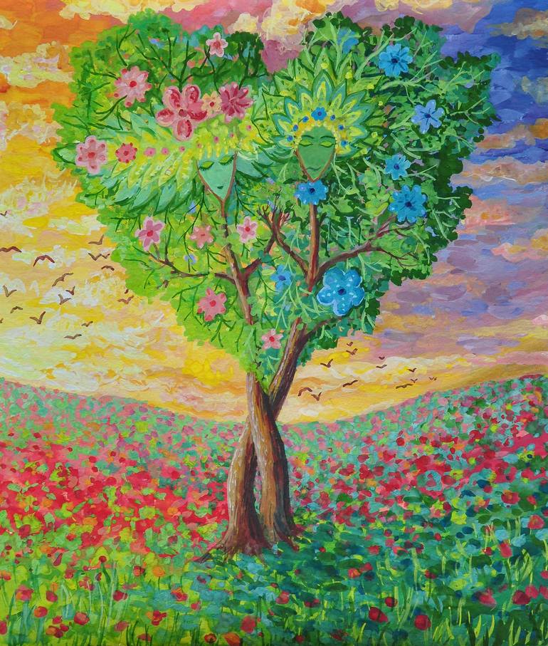 Tree of life and love acrylic painting Flower heart art Poppy field  Painting by Ruslana Golub