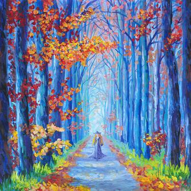 Gothic lolita Druid Original autumn painting Redhead witch art Fall landscape Autumnal trees Witchy Rustic home decor Wiccan illustration thumb