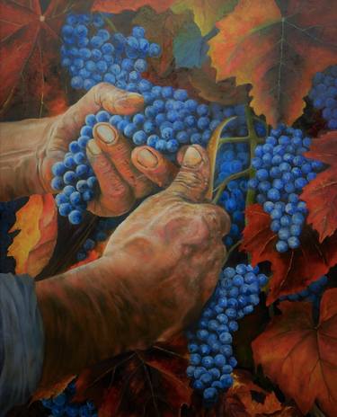 Continental Embossed Leather Painting on Canvas, Grape Harvest