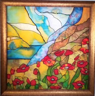 Silk painting "Red poppies". Based on Tiffany. thumb