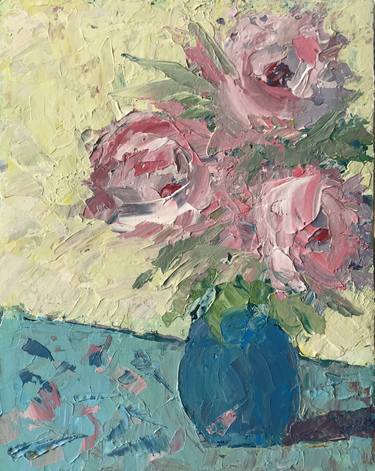 English Roses In A Blue Vase thumb