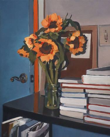 Still life with sunflowers and books thumb