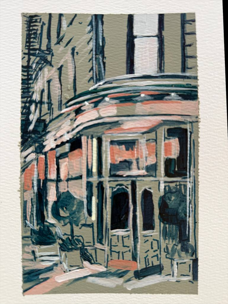 Original Architecture Painting by Isabel Araneda | Contemporary Art on Paper | Corner Cafe in Brooklyn