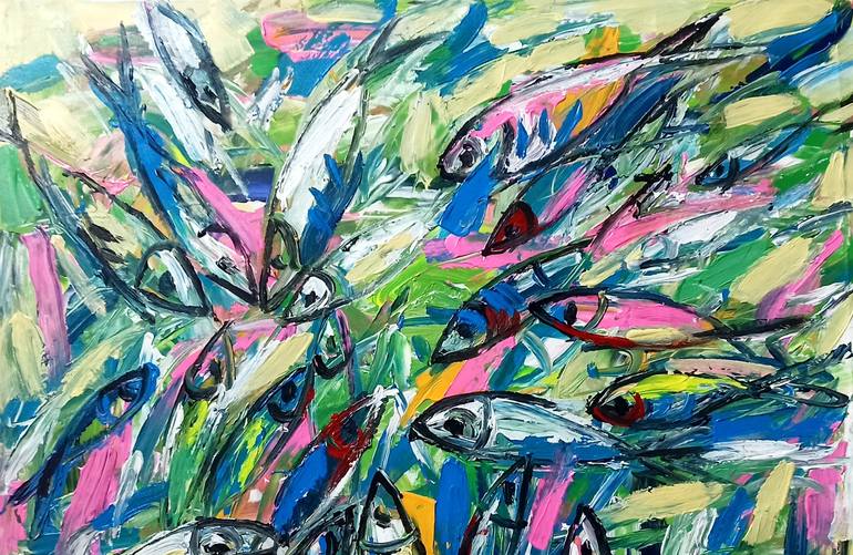 Original Abstract Expressionism Fish Painting by Anh Tuan Le