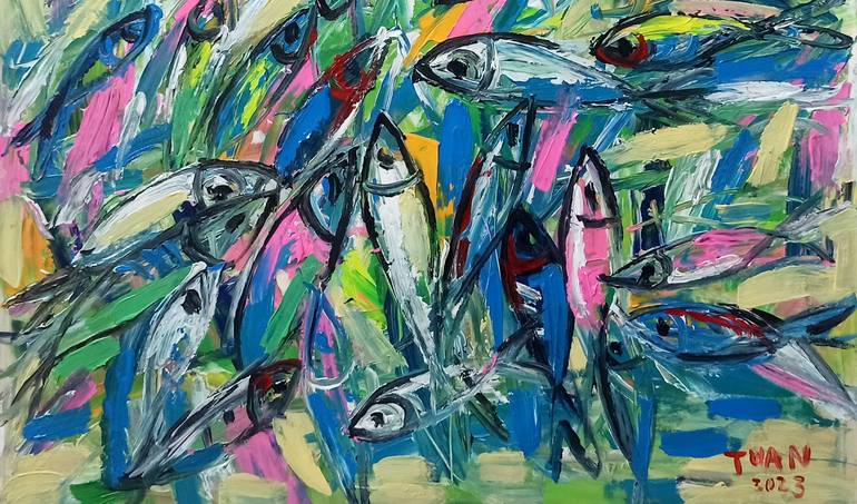 Original Abstract Expressionism Fish Painting by Anh Tuan Le