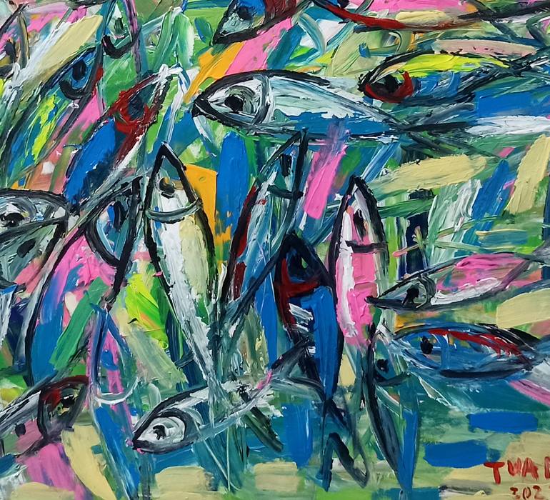 Original Abstract Expressionism Fish Painting by Anh Tuan Le