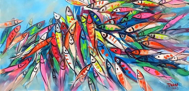 Original Abstract Expressionism Fish Painting by Anh Tuan Le