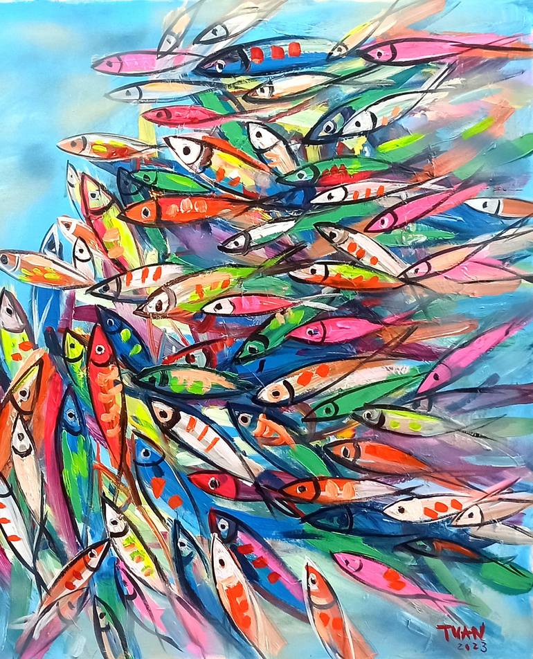 Original Abstract Expressionism Fish Painting by Anh Tuan Le