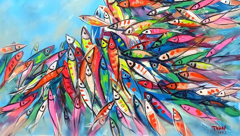 Original Abstract Expressionism Fish Painting by Anh Tuan Le