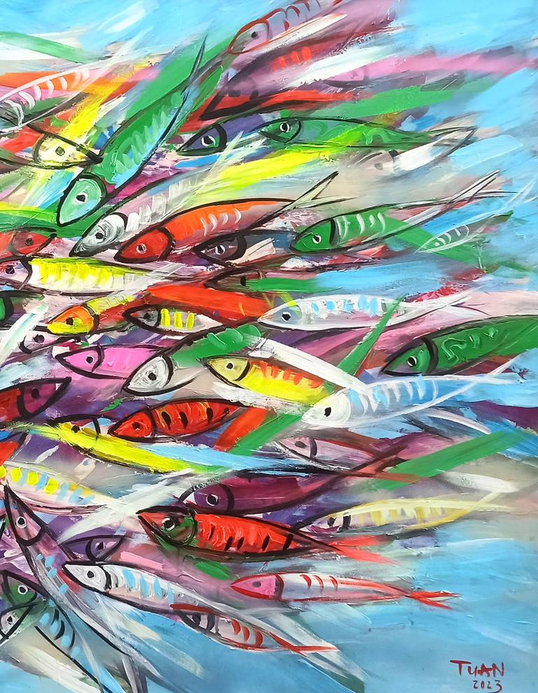 Original Abstract Expressionism Fish Painting by Anh Tuan Le