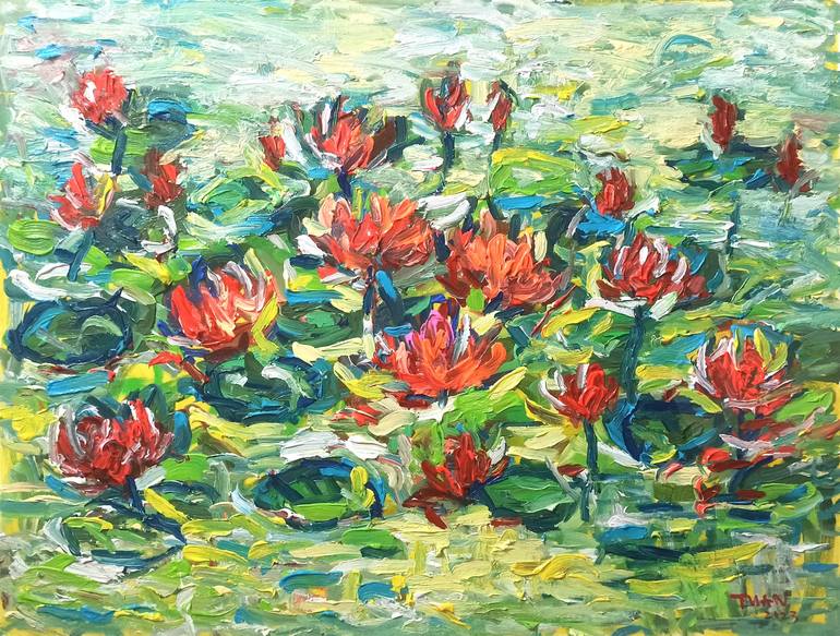 Original Floral Painting by Anh Tuan Le | Art Deco Art on Canvas | Morning on the lake( 90x120cm ), 2023