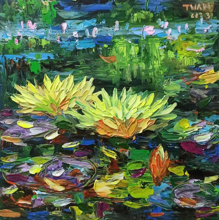 Original Floral Painting by Anh Tuan Le | Art Deco Art on Canvas | Morning on the lake ( 55x55cm ), 2023