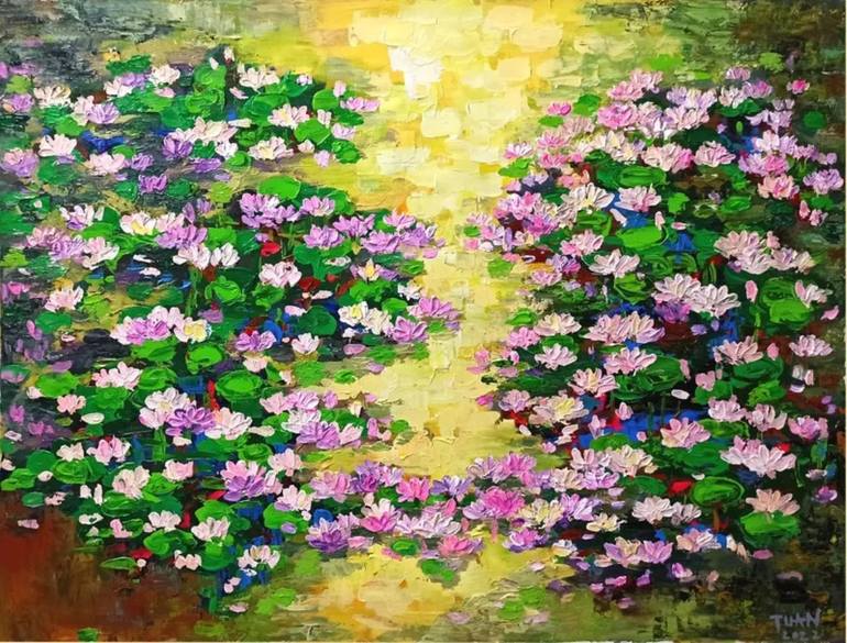 Original Floral Painting by Anh Tuan Le | Abstract Art on Canvas | Sunrise Over the Lake
