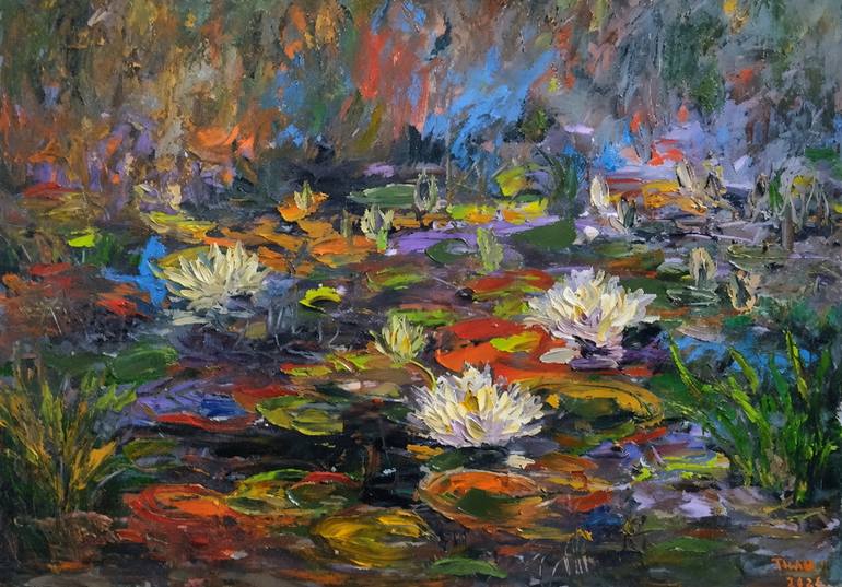 Original Floral Painting by Anh Tuan Le | Art Deco Art on Canvas | Where Water Lilies Keep the Light.