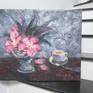 Flower stills with espresso coffee.
The picture is made of acrylic on canvas, it is 50x60 cm in size and will be made in 2017.