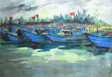 Old wood boats paintings, old boat paintings, Fishing boat prints, seascape  painting, boat reflections paintings, water reflection paintings