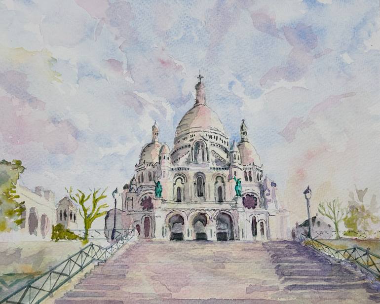 Original Architecture Painting by Thom Morris | Impressionism Art on Paper | La Basilique du Sacre Coeur de Montmartre (aquarelle)