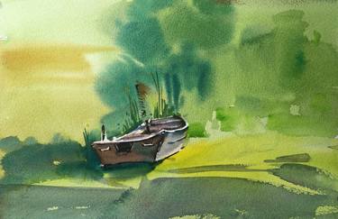 Original Expressionism Boat Paintings by Grace Wang