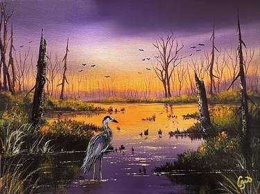Crane in Swamp 11x14" acrylic on canvas thumb