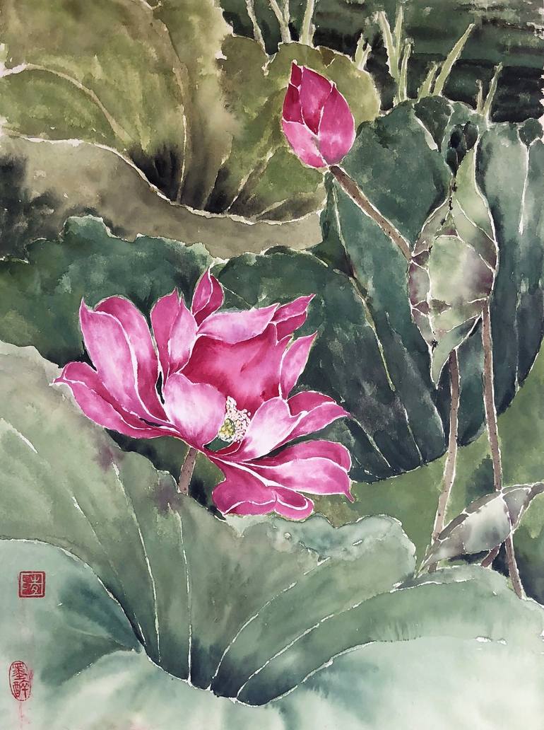 Lotus Pond Painting by Christel Lane | Saatchi Art