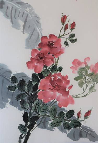 Chinese Brush Painting of Red Roses and Palm thumb