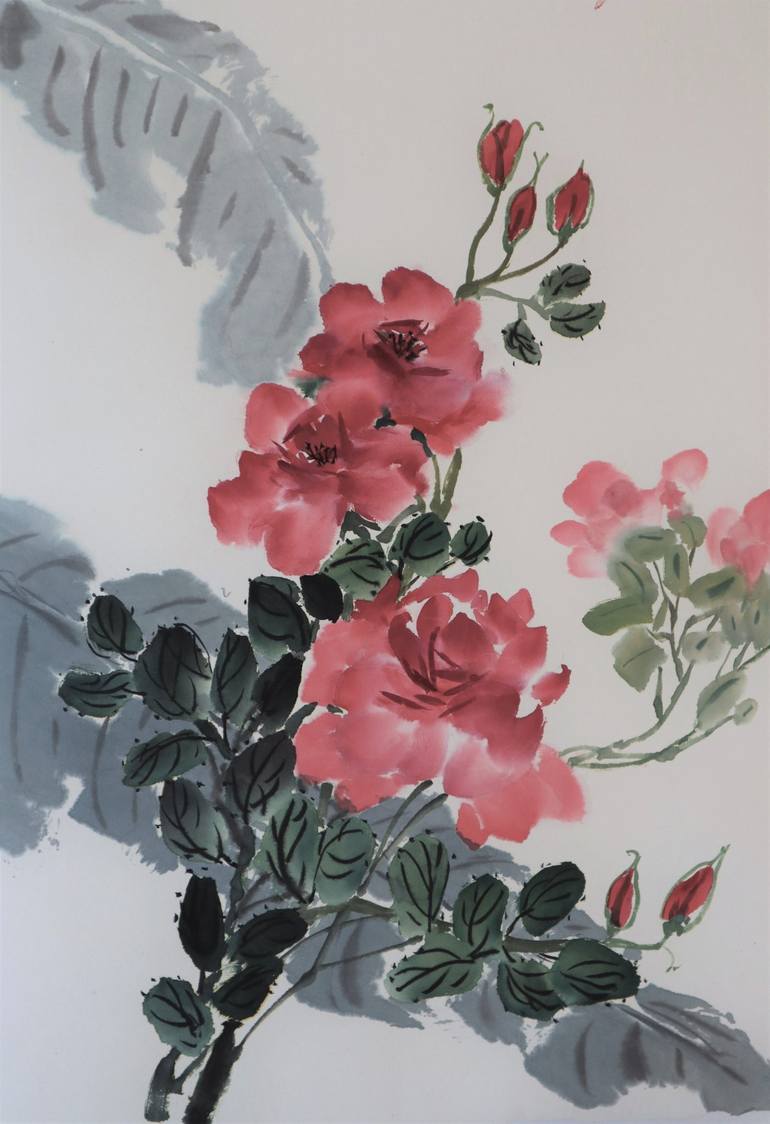 Chinese Brush Painting of Red Roses and Palm Painting by Christel ...